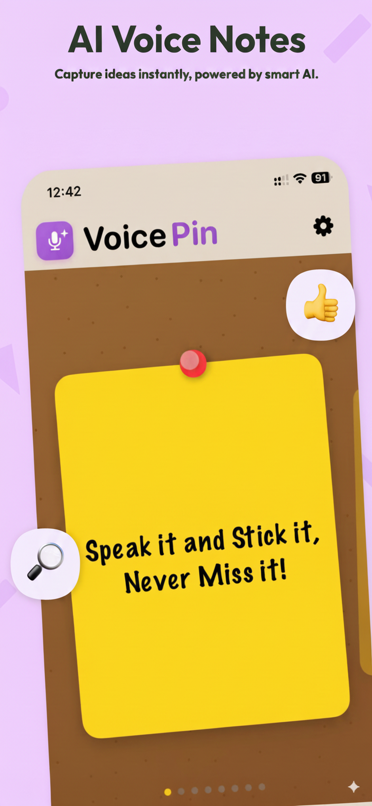 AI Voice PIN main screen showing voice note interface